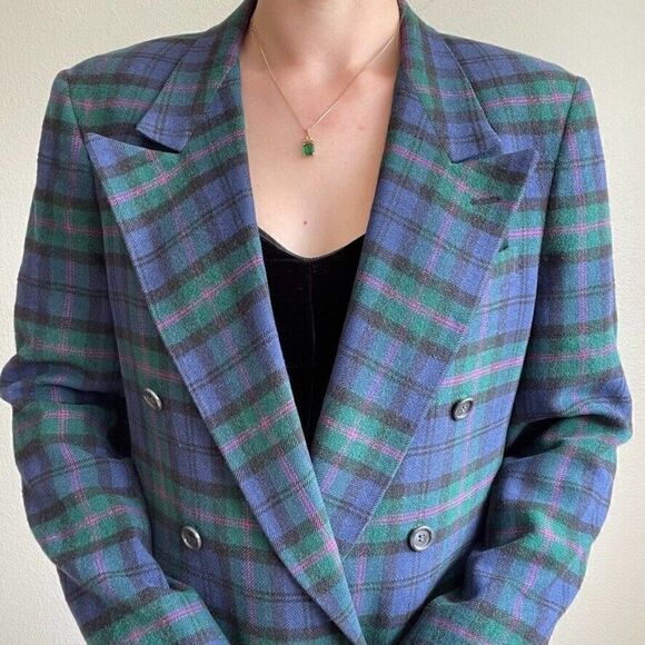 Vintage Womens 80s PBM Purple Green Camel Hair Double Breasted Blazer Plaid Sz M - Picture 9 of 12